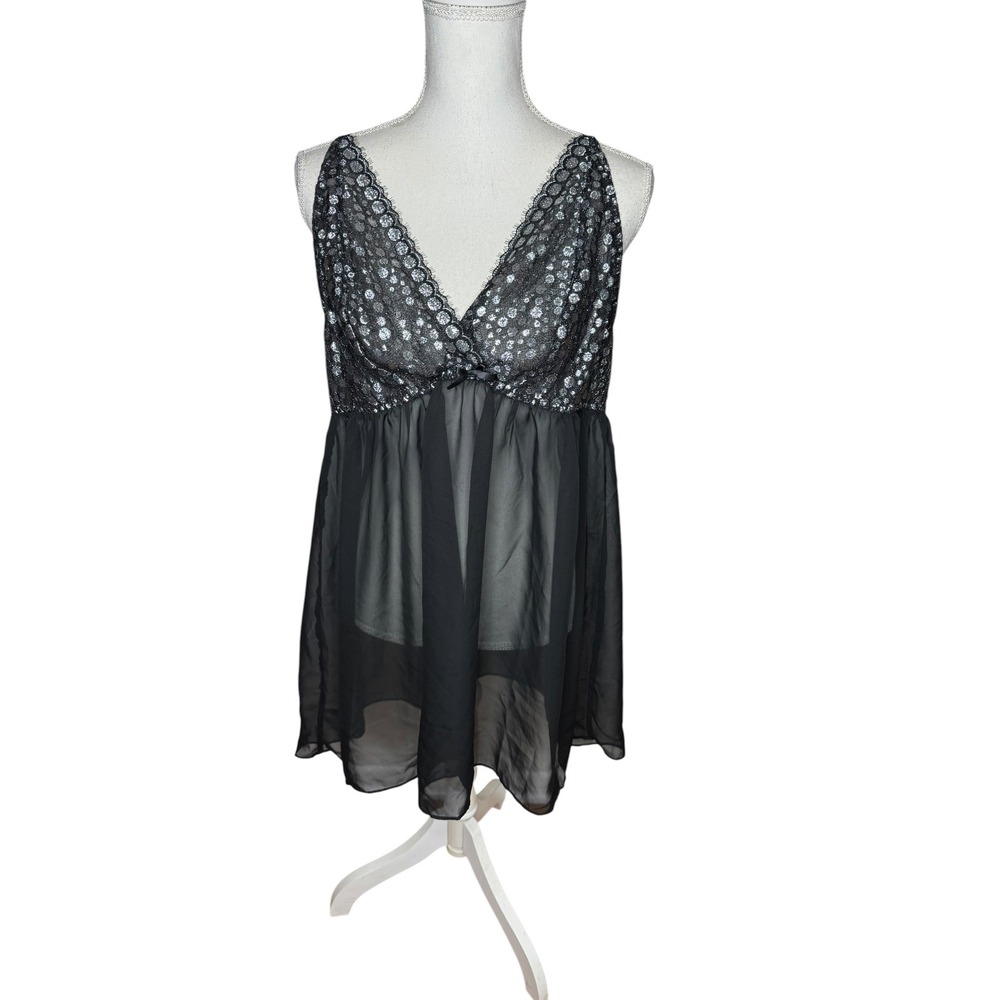 Cacique Black Silver Metallic Lace Babydoll Chemise Lingerie Set 18/20 NWT